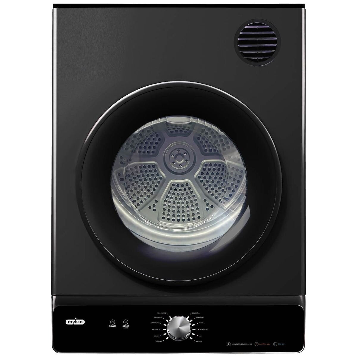 Mykin 8kg Vented Dryer - 12 Drying Programs, Reverse Tumble, Wall Mountable, Black - MVD28B