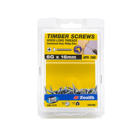 Zenith 6G x 16mm Zinc Plated Countersunk Timber Screws - 100 Pack