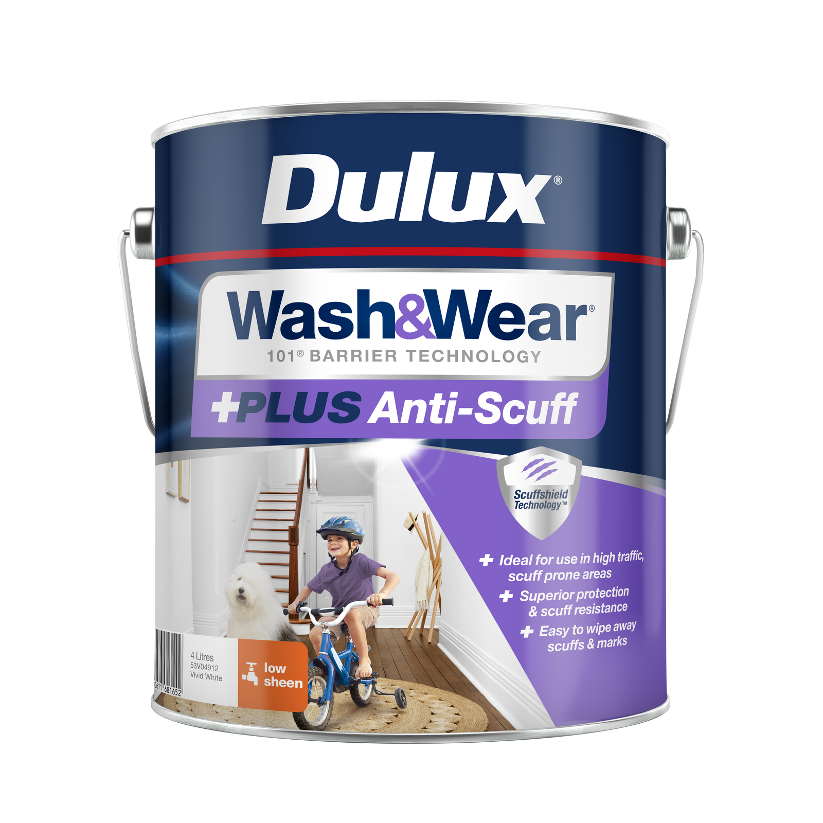 Dulux Wash&Wear +PLUS Anti-Scuff Low Sheen Interior Paint Vivid White 4L
