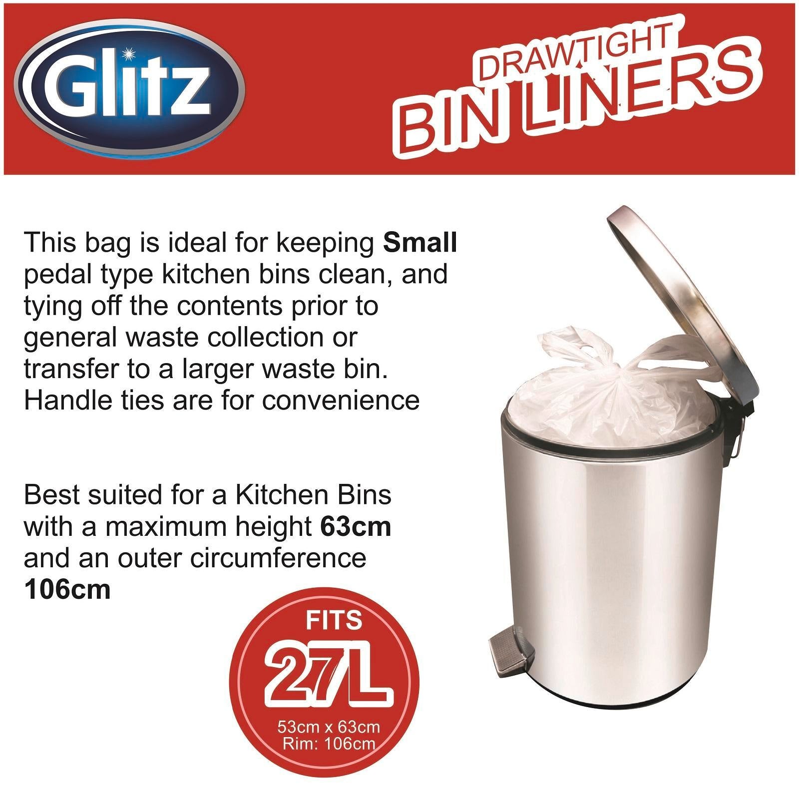 Glitz 27L Pull Tie Kitchen Garbage Bags, 30 Pack, High-Density Polyethylene