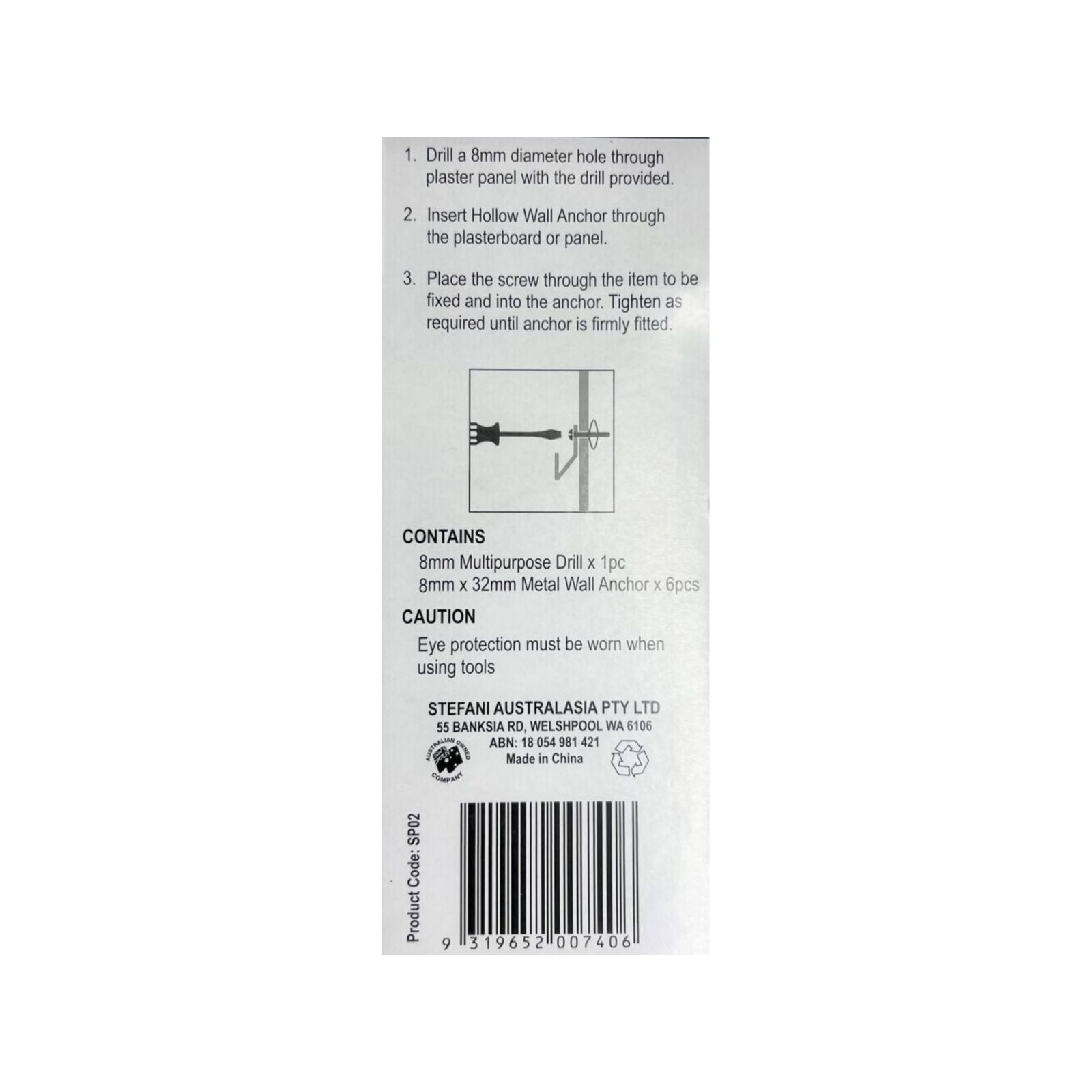 STAHL Hollow Wall Anchor Kit, 8mm Drill Bit with 6-8 x 32mm Anchors - 6 Pack