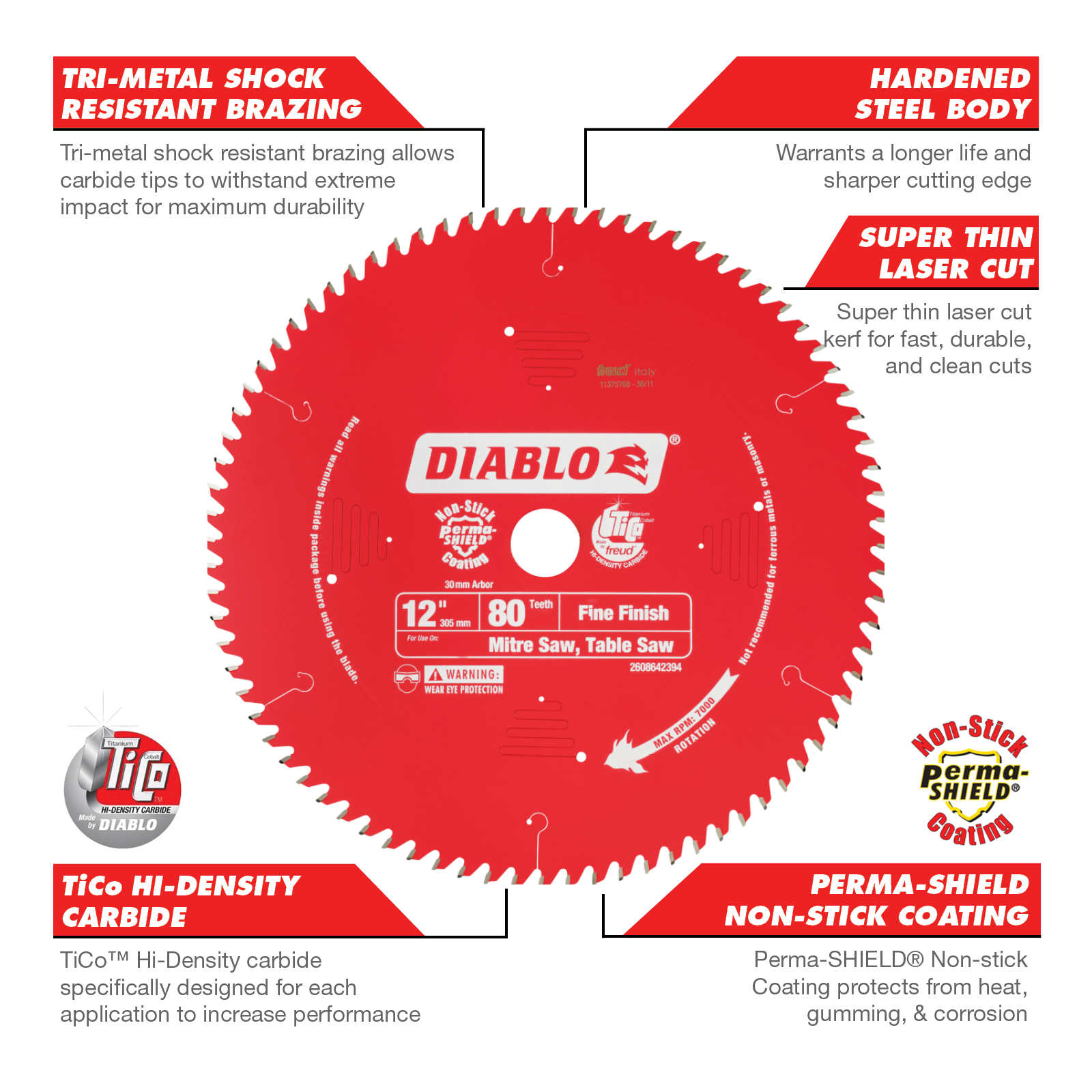 Diablo 305mm 80T Fine Finish Mitre Saw Blade 30mm Arbor