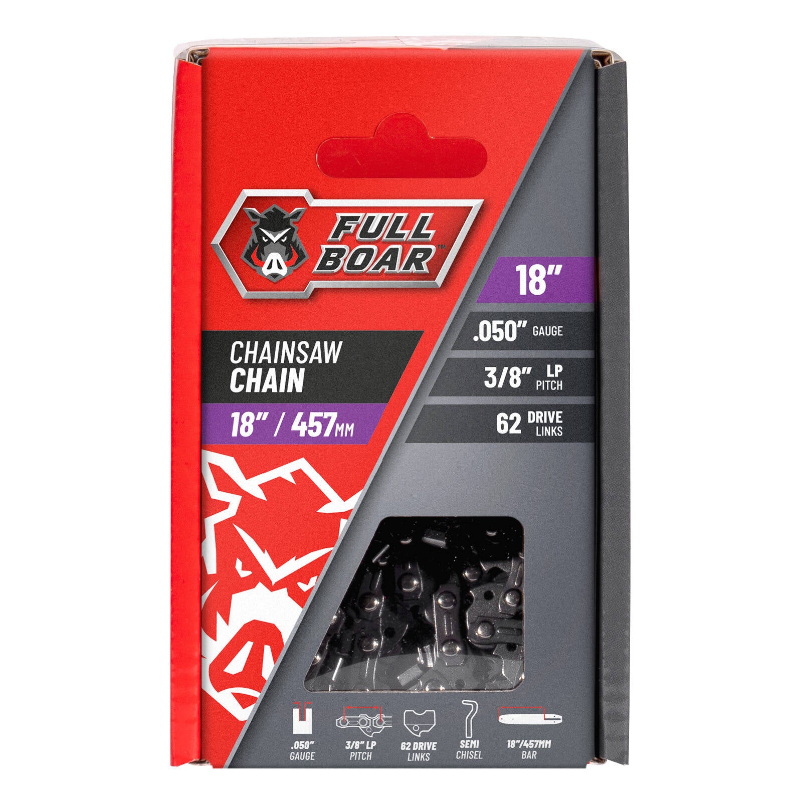 Full Boar 18 inch / 457mm Chainsaw Chain, 62 Drive Links 9.53mm Pitch