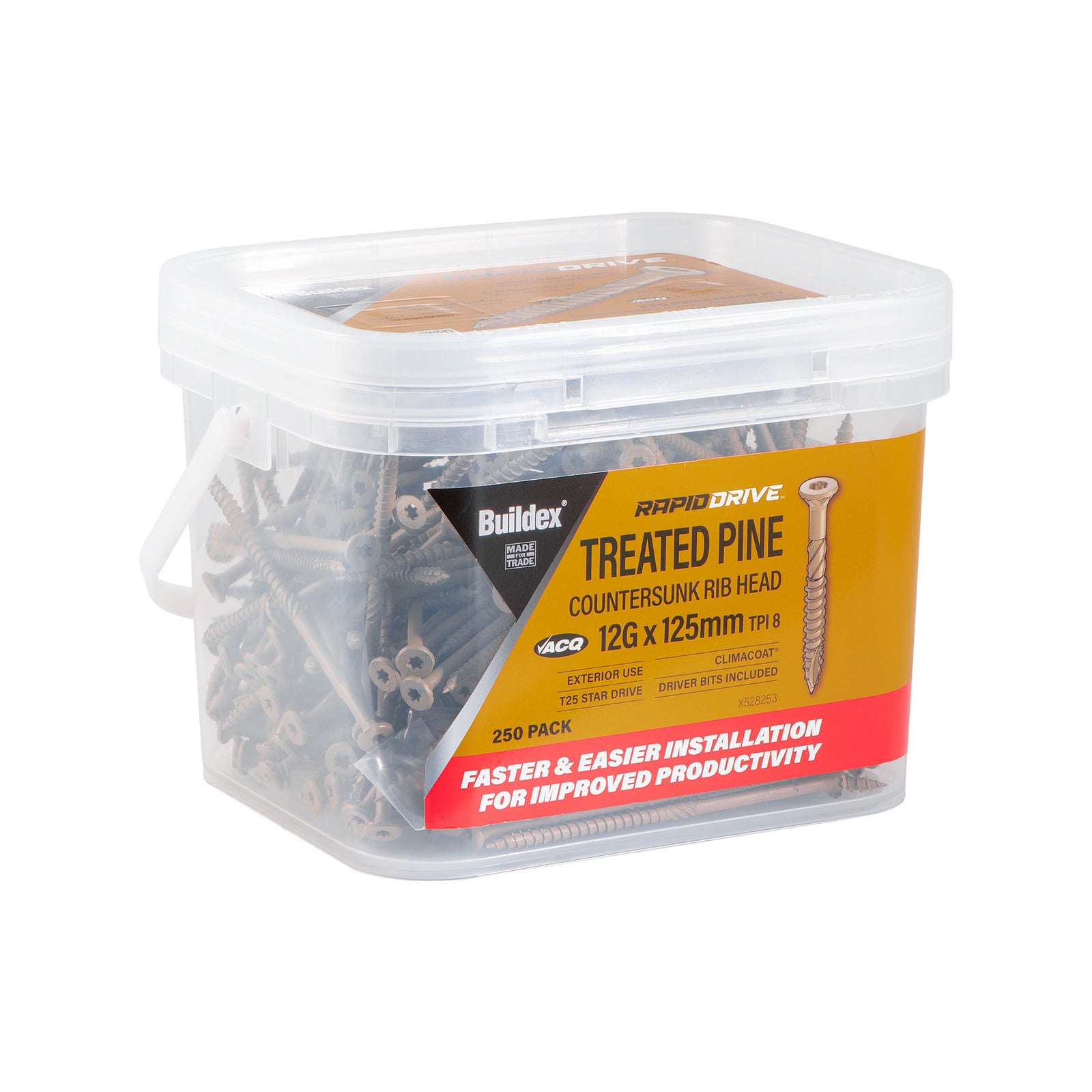 Buildex 12G x 125mm 8 TPI RapidDrive Treated Pine Climacoat Screws 250 Box