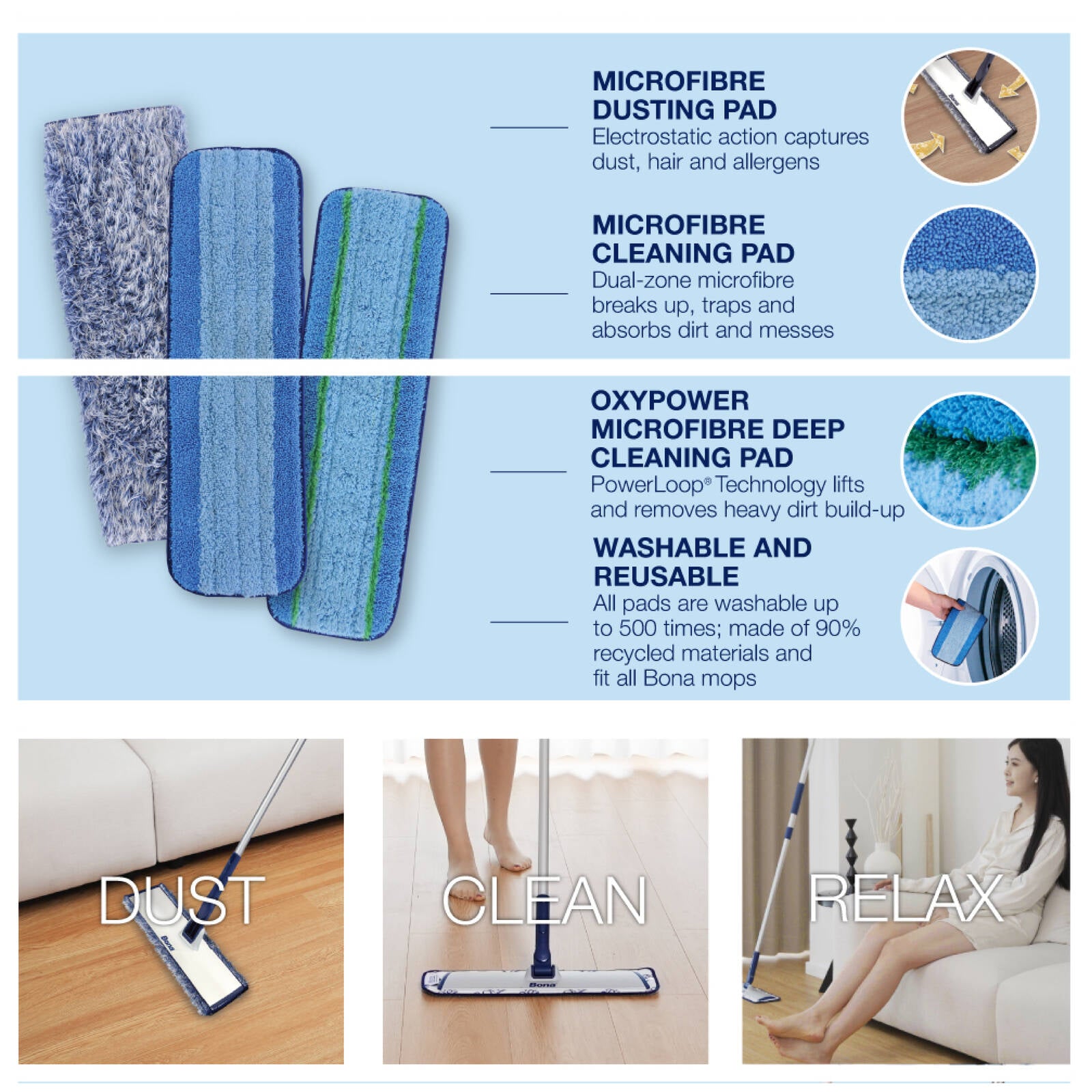Bona Microfibre Floor Mop Pad - 3 Pack