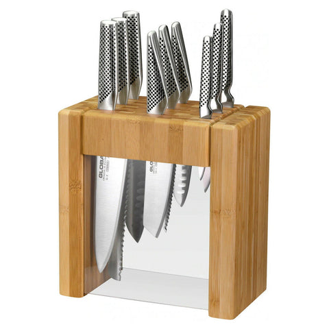 Global Ikasu X 10 piece knife block set - stainless steel, bamboo storage block, Made in Japan - 79634