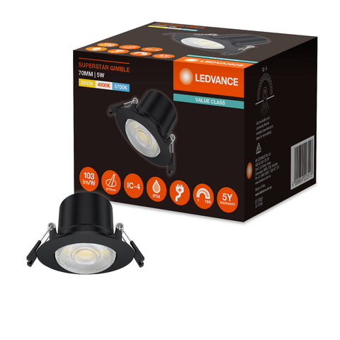 Ledvance 5W LED Gimble Downlight 70mm Black Tri-Colour Dimmable Plug-In Indoor