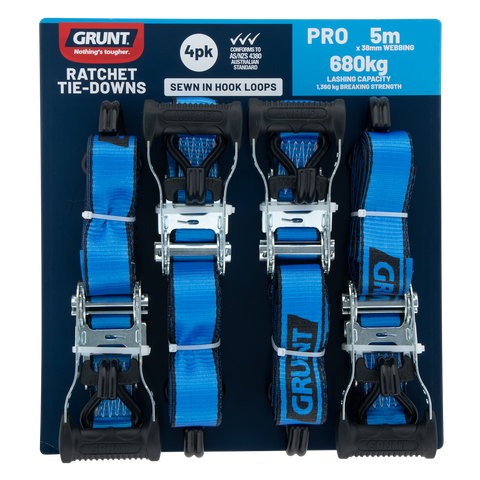 Grunt 38mm x 5m Polyester Ratchet Tie Down Set - 4 Pack
