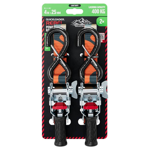 Quickloader Rebel Ratchet Strap 25mm x 4m 400kg Lashing Capacity - 2 Pack