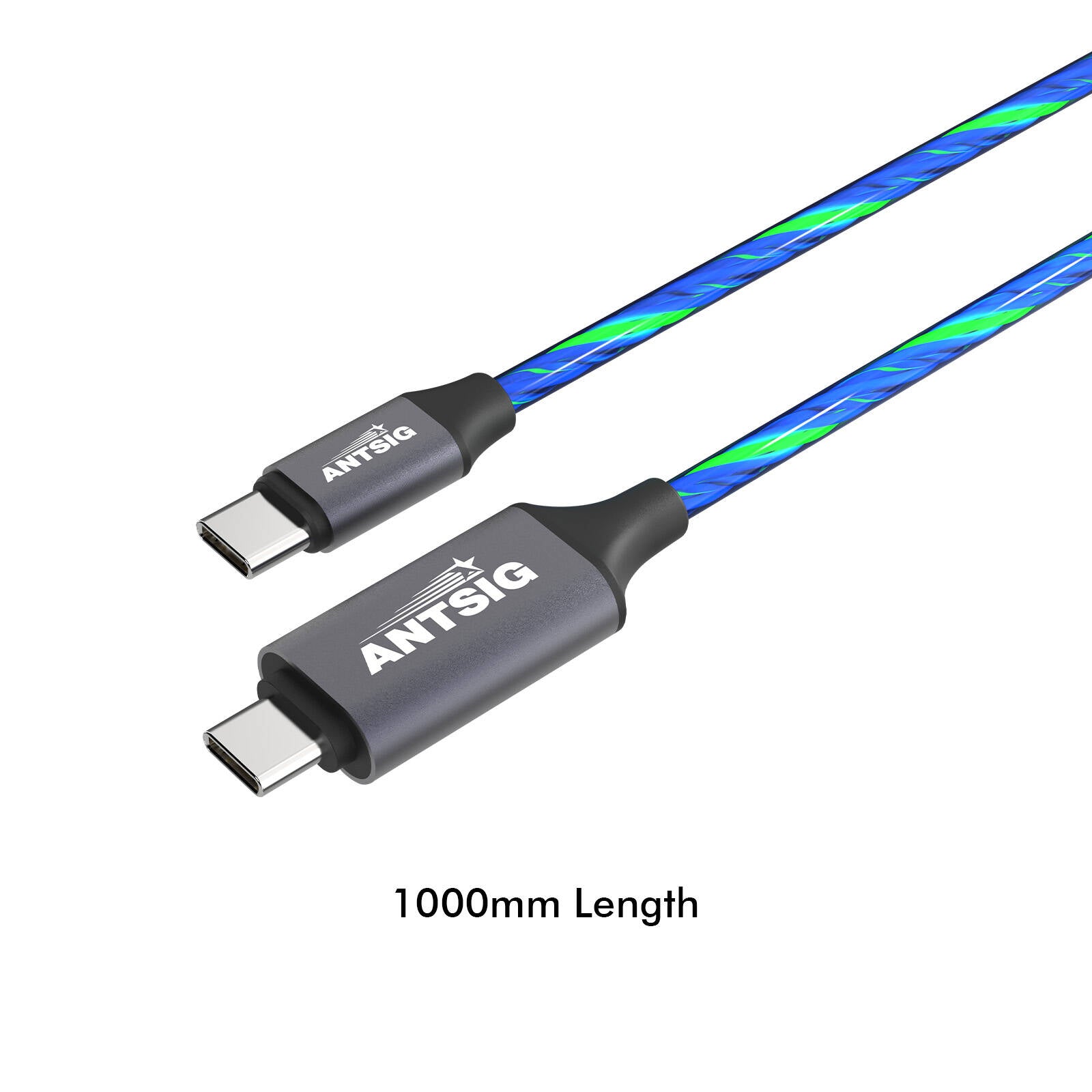 Antsig 1m USB-C to USB-C Light-Up Charging Cable - Blue, AP203
