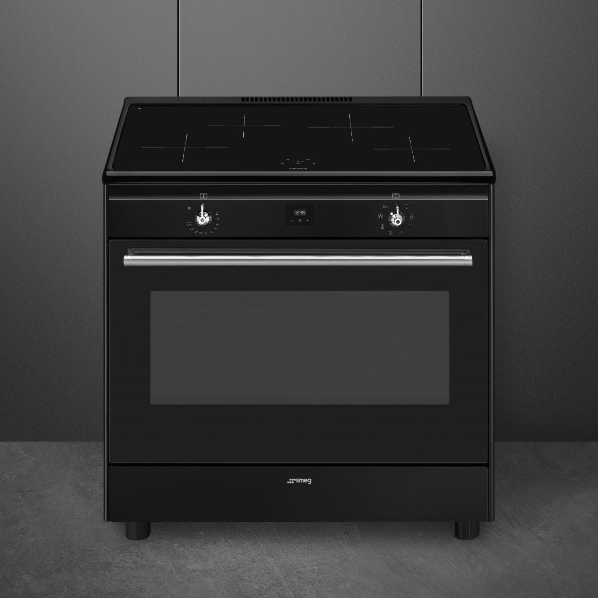 Smeg 90cm Freestanding Induction Oven - Black, Four Zone Cooktop, Vapour Clean - CX91IMBL