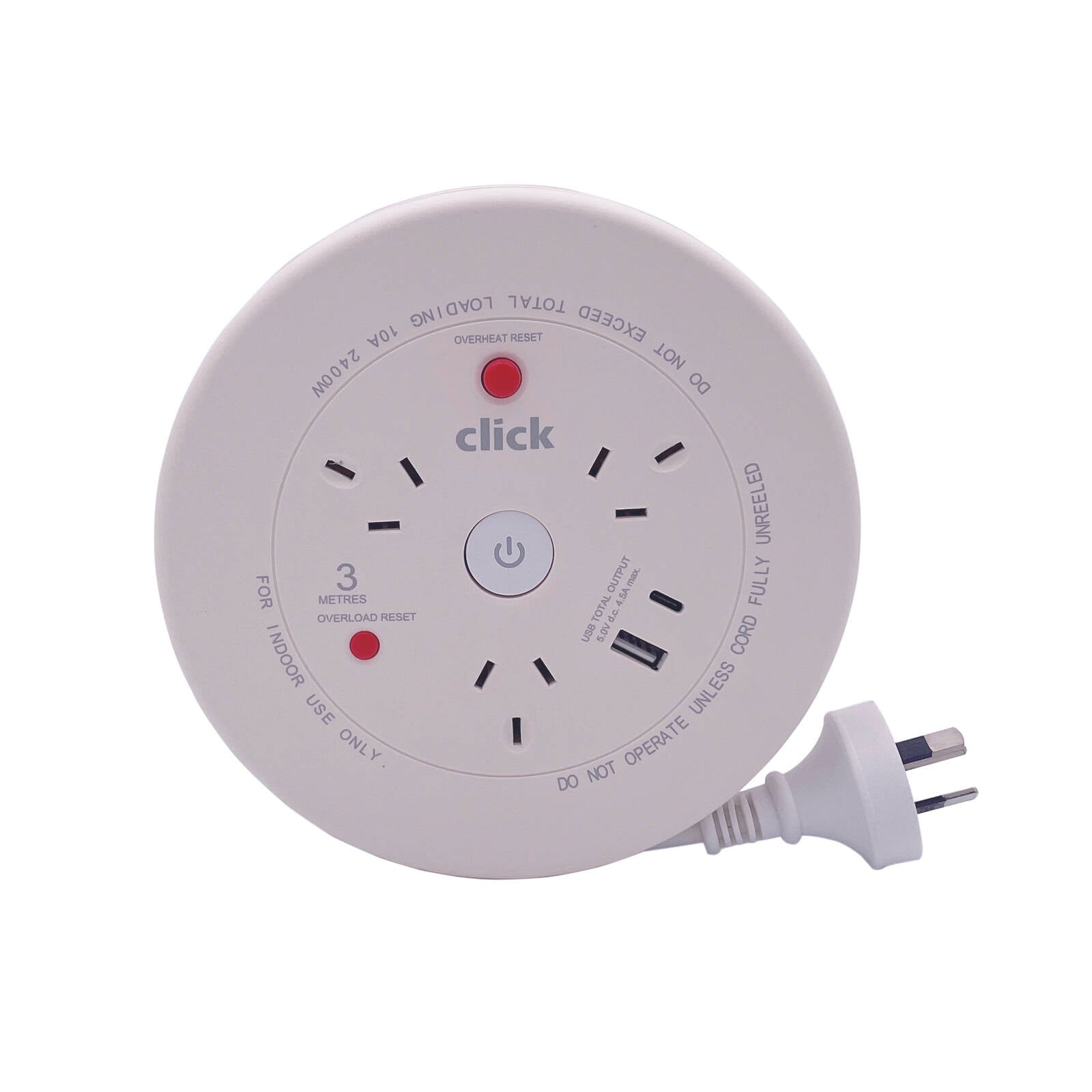 Click 3 Metre 3 Outlet Cable Reel with USB Charger CCR303CU 10A 2400W