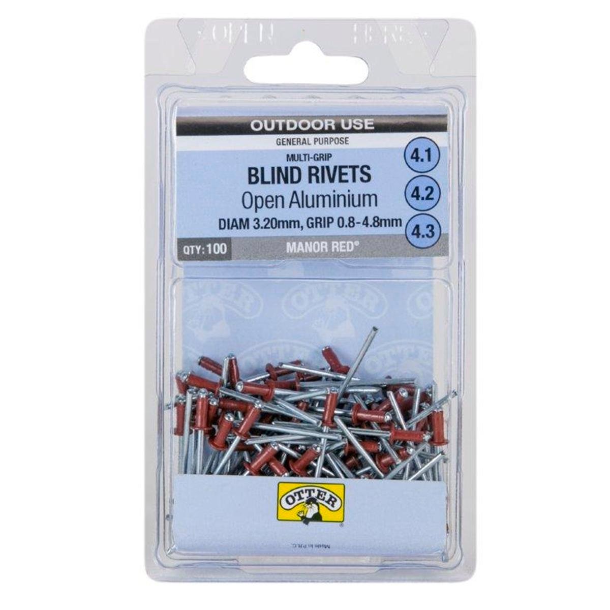 Otter Manor Red 3.2 x 0.8-4.8mm Multi-Grip Open Aluminium Blind Rivet 100 Pack