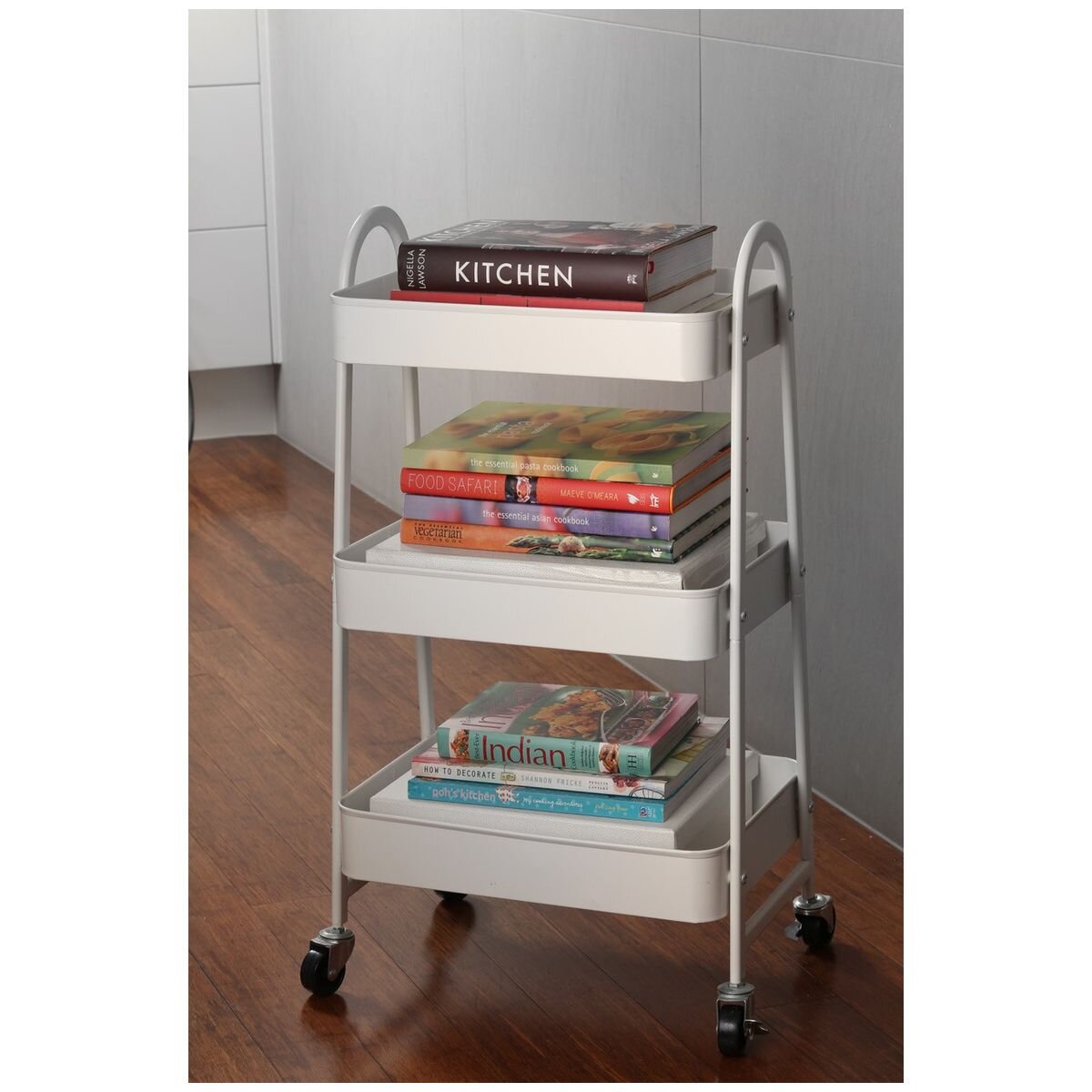 L.T. Williams 3-tier steel tray trolley - white power coated finish, 4 castor wheels - 8994