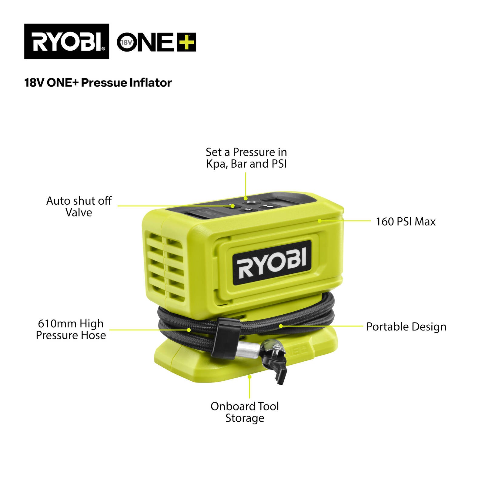 Ryobi 18V ONE+ High Pressure Inflator 160 PSI Skin Only RPI18