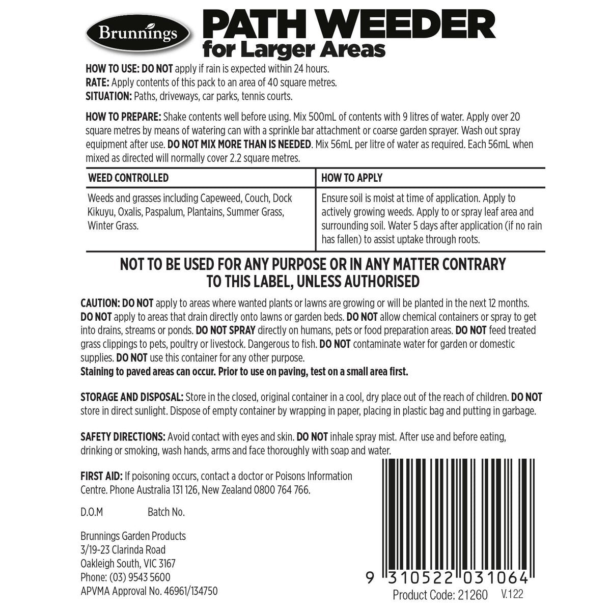 Brunnings Path Weeder Concentrate 1L - Non-Selective for Paths & Driveways