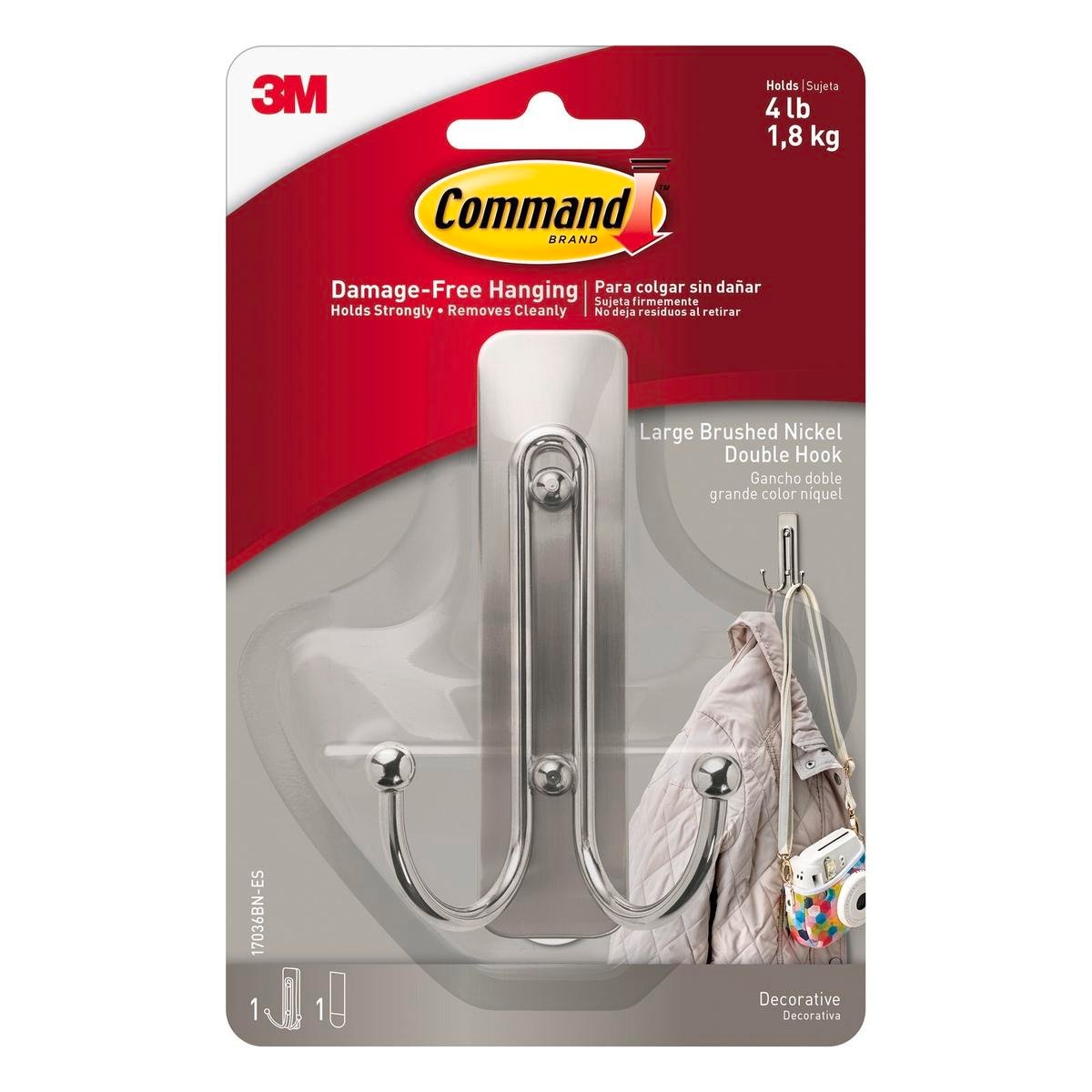 Command Brushed Nickel Adhesive Large Double Wall Hook - 1 Pack