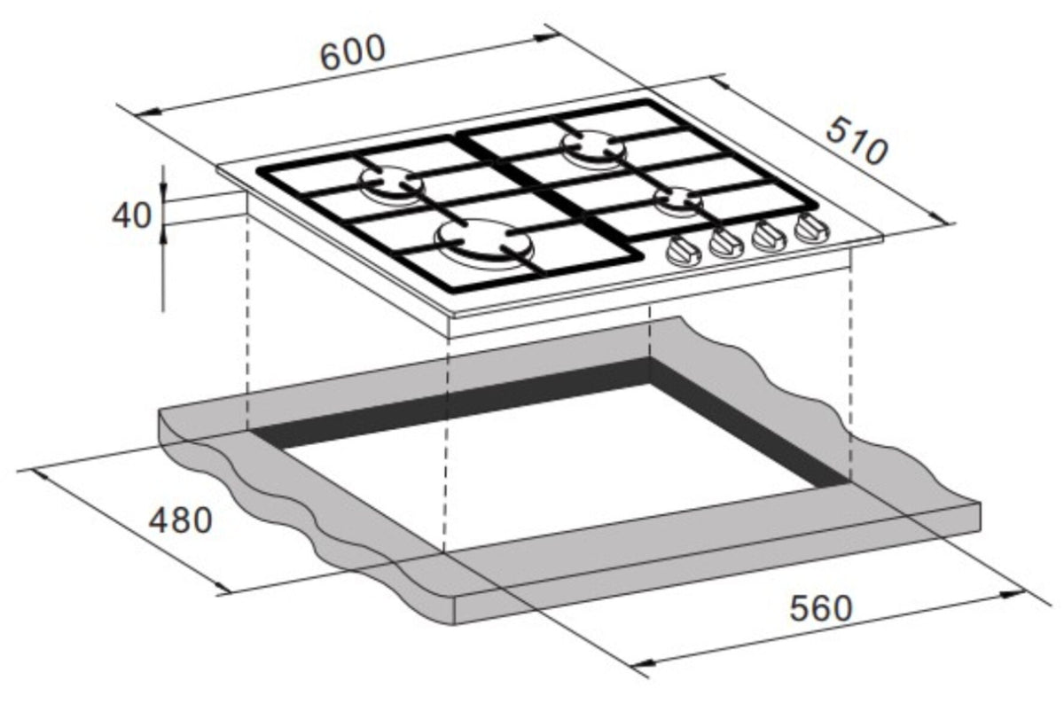 Brohn 60cm Stainless Steel Gas Cooktop - 4 Burners, Defendi Burners, Triple Crown Wok Burner - BRGC6001SS