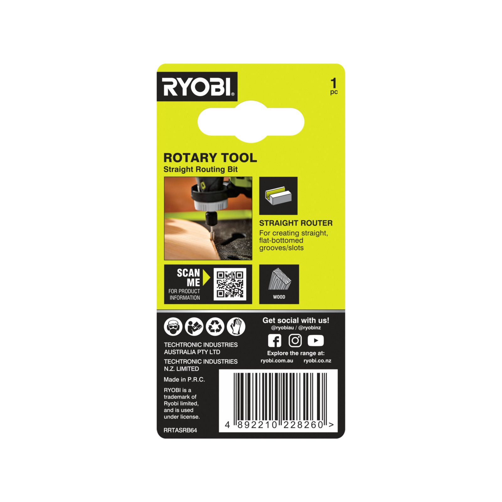 Ryobi 6.4mm Straight Router Bit RRTASRB64 with 3.2mm Shank for Rotary Tools