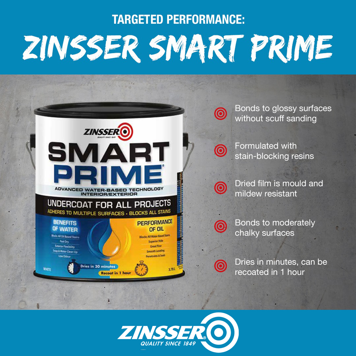 Zinsser Smart Prime Water-Based Undercoat White 1L Indoor Outdoor
