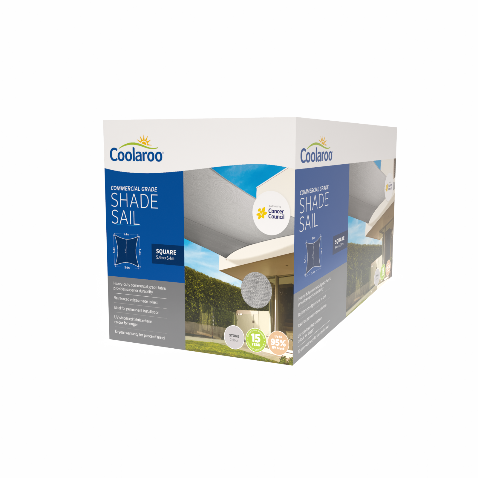 Coolaroo 5.4 x 5.4m Stone Square Commercial Grade Shade Sail - 95% UV Block