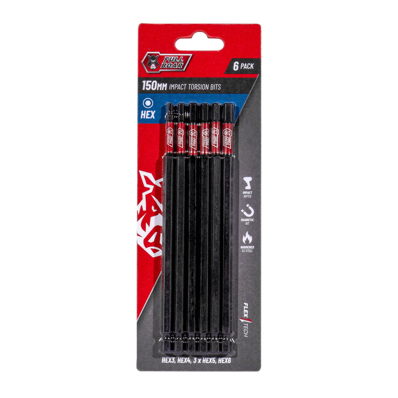 Full Boar HEX x 150mm S2 Steel Magnetic Impact Torsion Bits Set 6 Pack