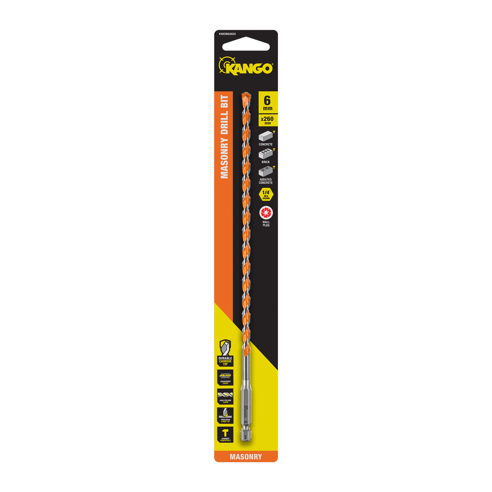 Kango 6 x 260mm 1/4" Hex Shank Masonry Drill Bit - Long Carbide