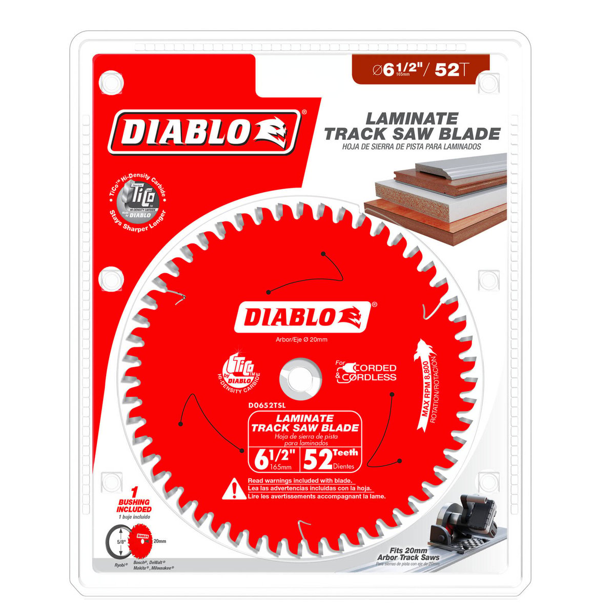 Diablo 165mm 52T Laminate Track Saw Blade 20mm Arbor