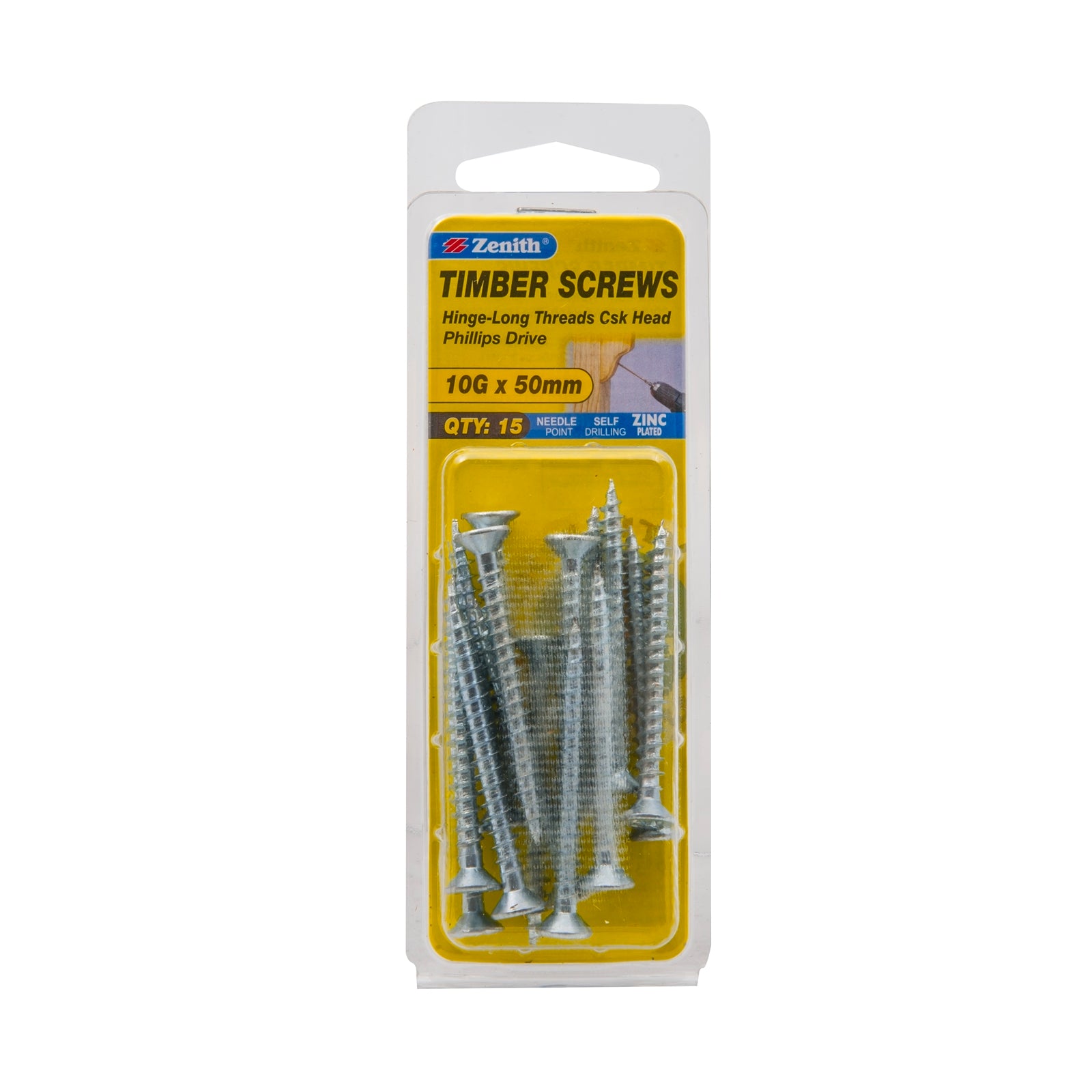 Zenith 10G x 50mm Zinc Plated Hinge-Long Thread Countersunk Timber Screws, 15 Pack