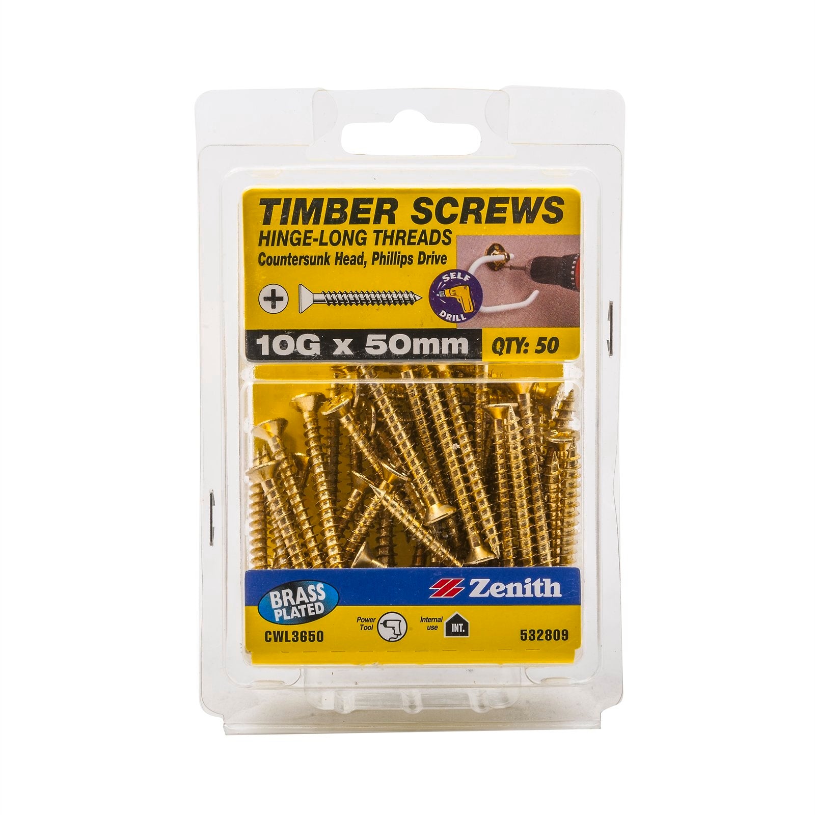 Zenith 10G x 50mm Brass Plated Countersunk Timber Screws - Hinge-Long Thread, 50 Pack
