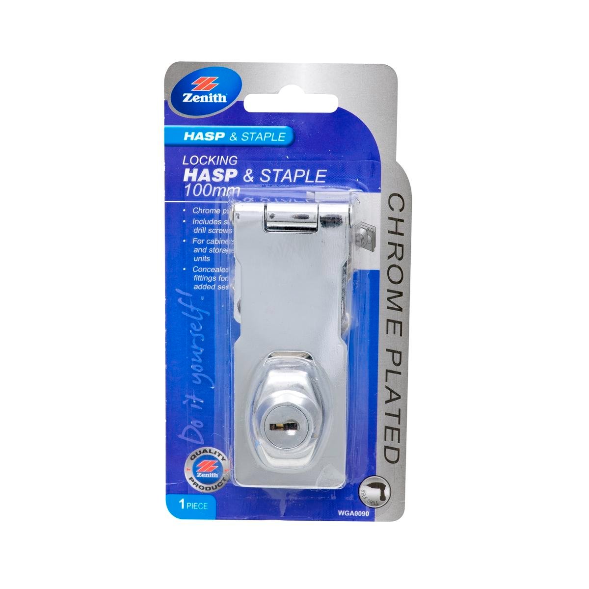 Zenith 100mm Locking Hasp and Staple - Chrome Plated Steel, Concealed Fixings