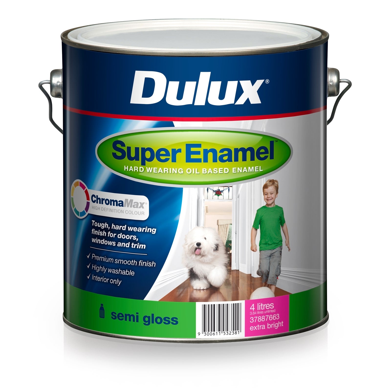 Dulux Super Enamel Semi Gloss Paint 4L Extra Bright Base - Tintable Interior Enamel