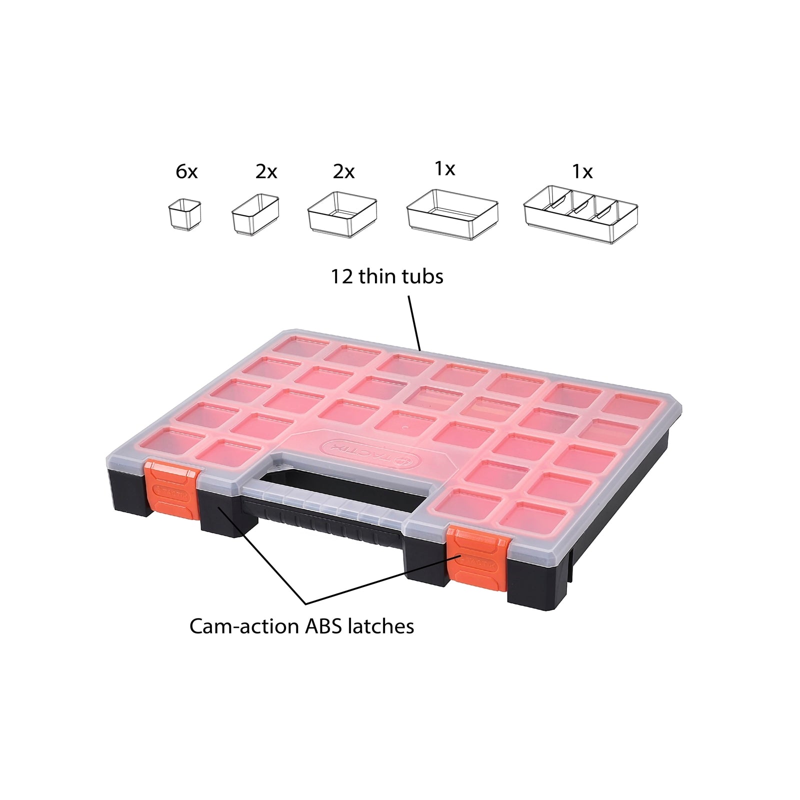 Tactix 405mm Organiser with 12 Removable Tubs, Black