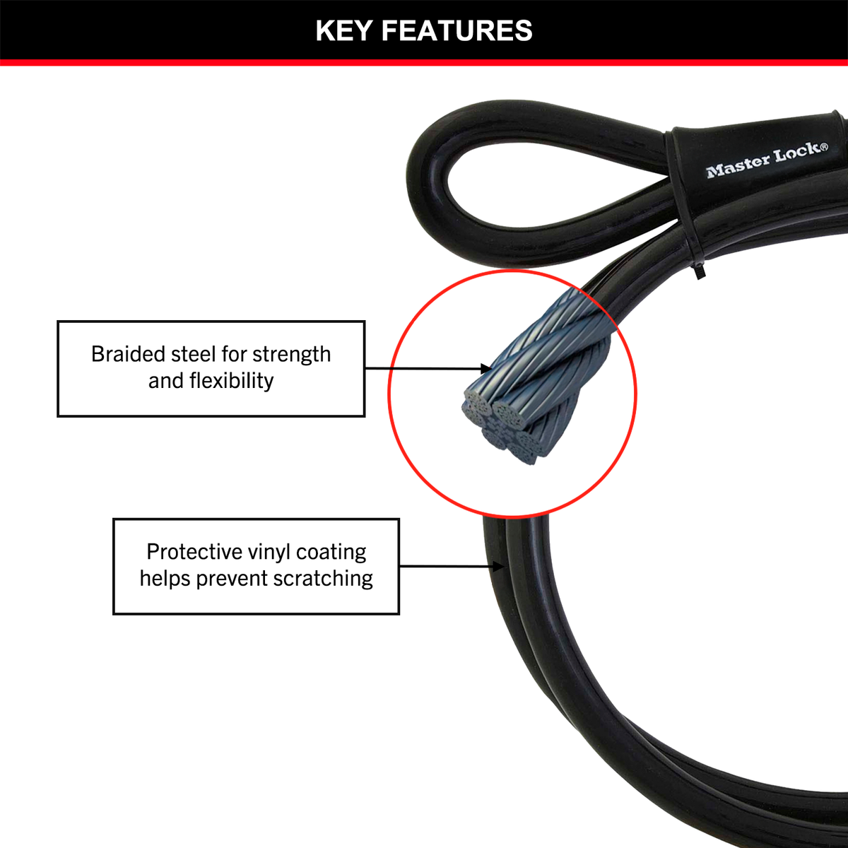 Master Lock 10mm x 4.6m Loop-Ended Braided Steel Cable, Vinyl-Coated, Black