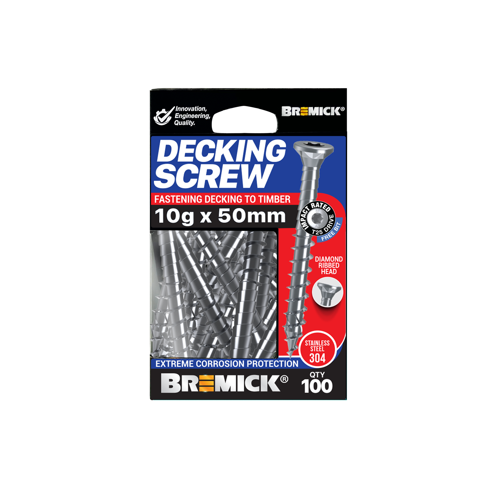 Bremick 10g x 50mm Stainless Steel 304 Spiral Rib T25 Decking Screws 100 Pack