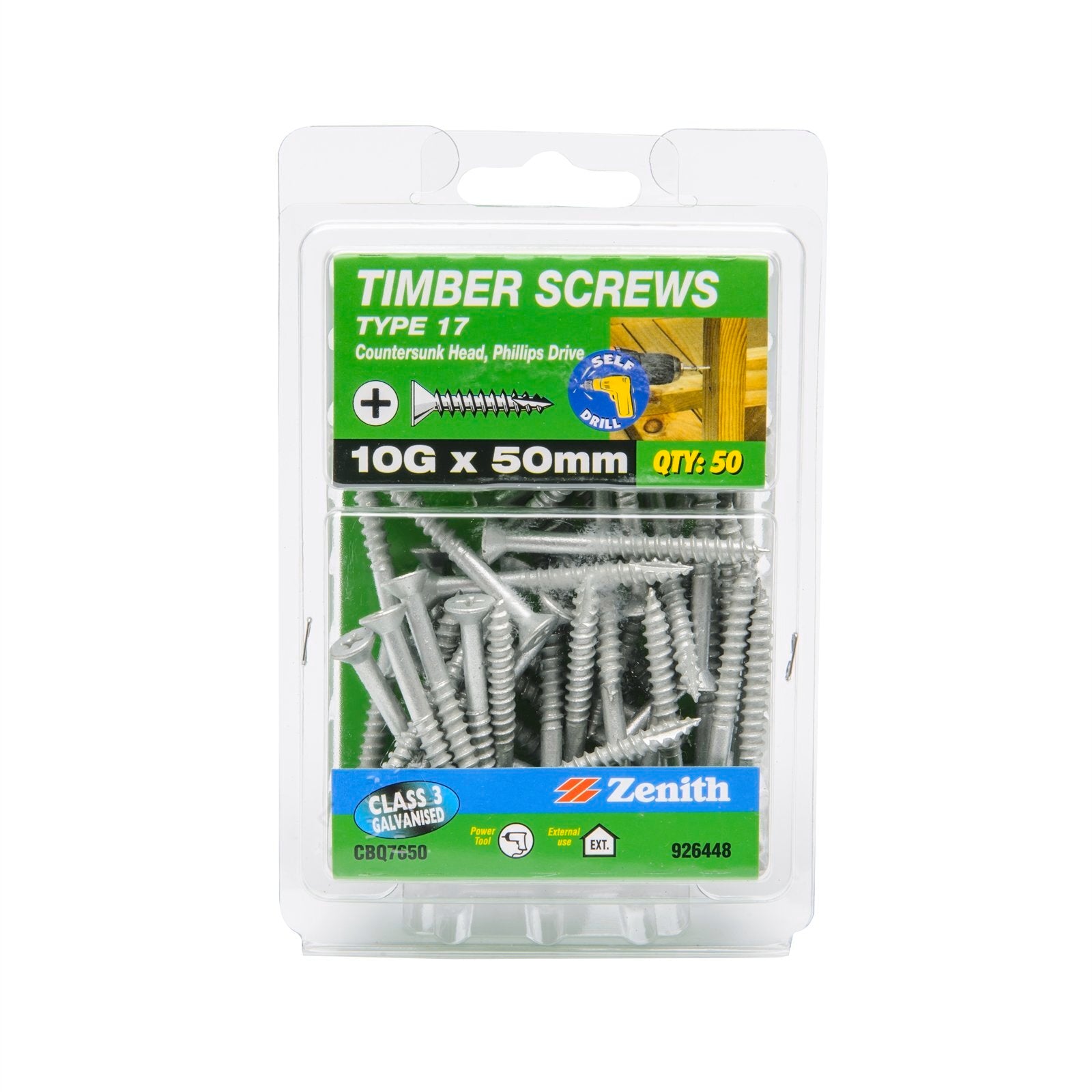 Zenith 10G x 50mm Galvanised Type 17 Countersunk Rib Head Timber Screws - 50 Pack