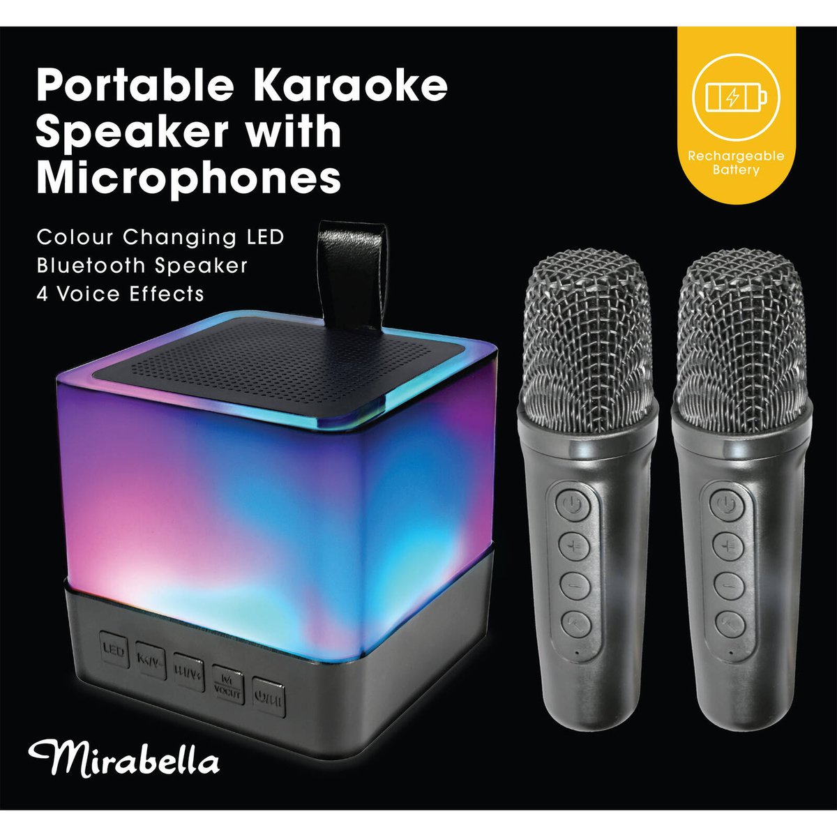 Mirabella Portable Karaoke Speaker with 2 Wireless Microphones Bluetooth Rechargeable