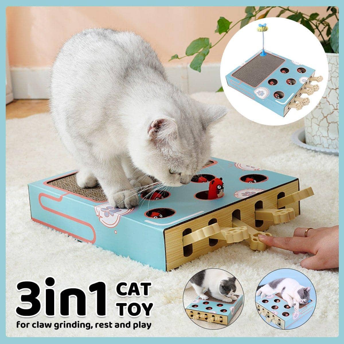 3-In-1 Cat Scratch Board and Play Box with Paw Levers - Blue