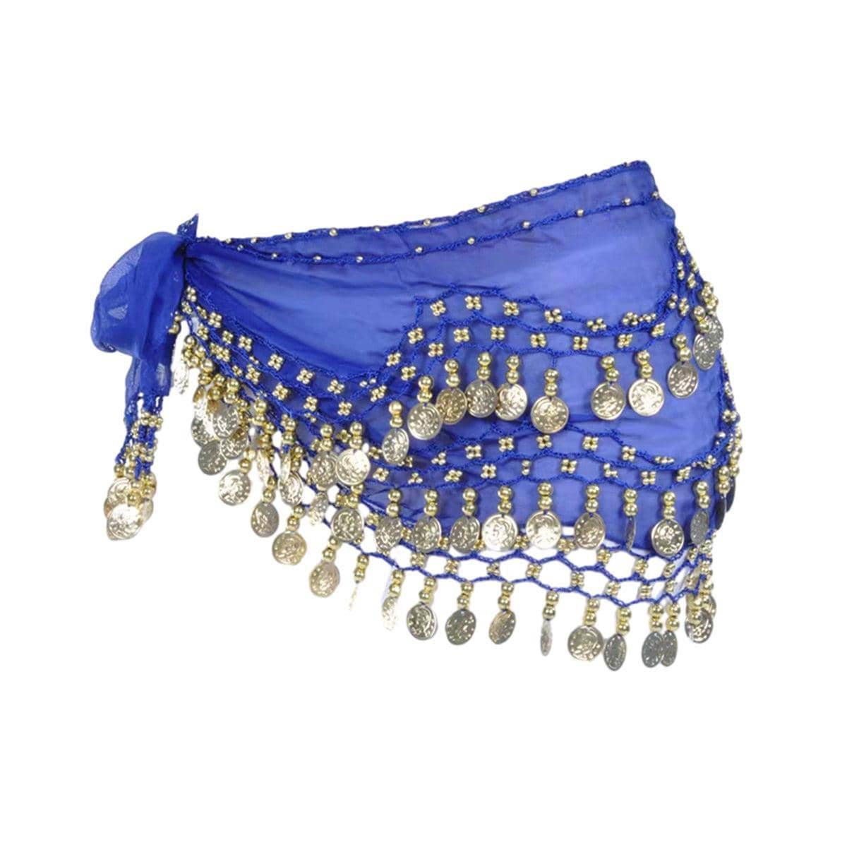 3-Row Belly Dance Hip Scarf with 98 Gold-Tone Coins - Blue