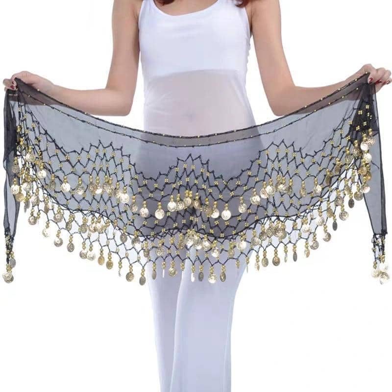 3-Row Belly Dance Hip Scarf with 98 Gold-Tone Coins - Blue - view 5