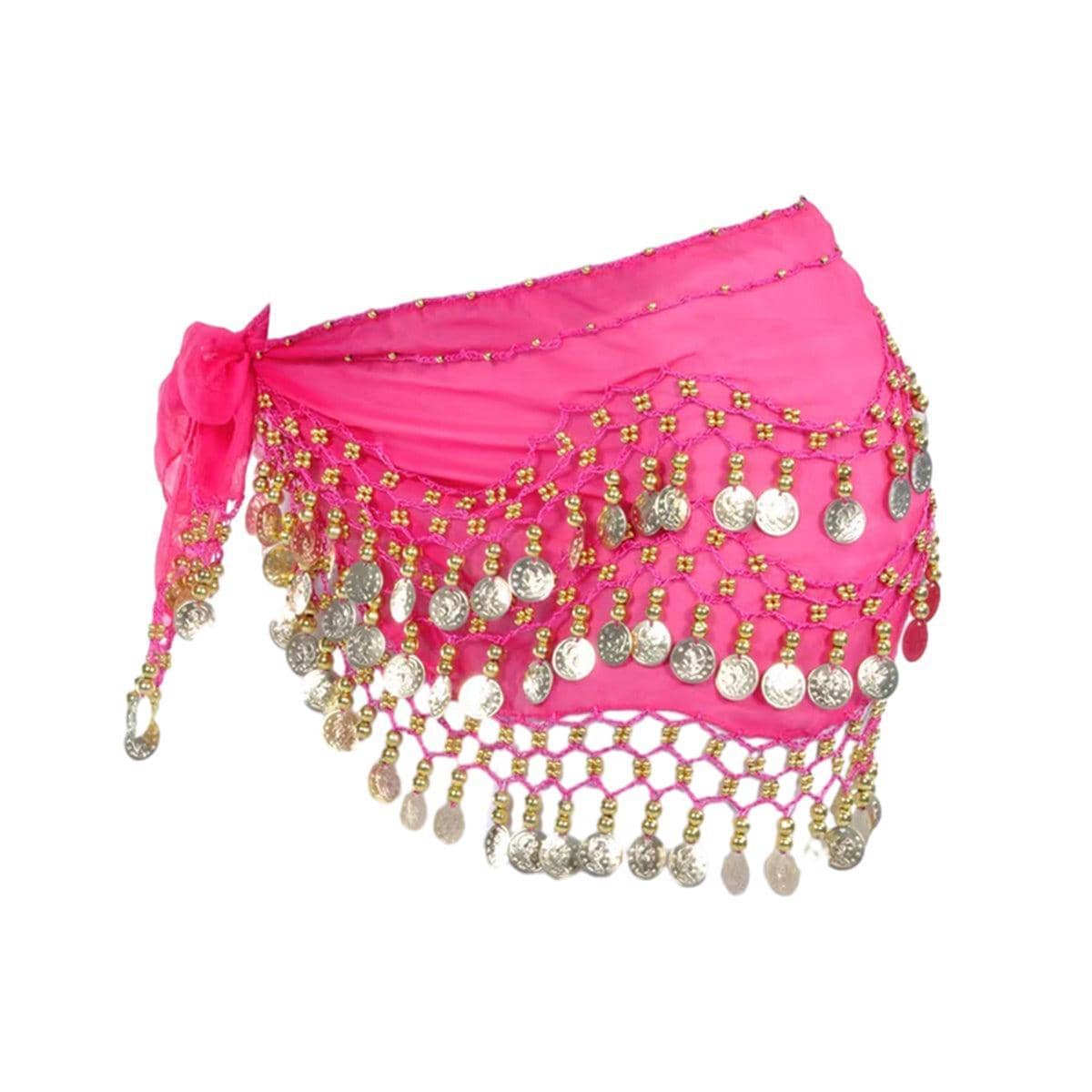 3-Row Belly Dance Hip Scarf with 98 Gold-Tone Coins - Hot Pink