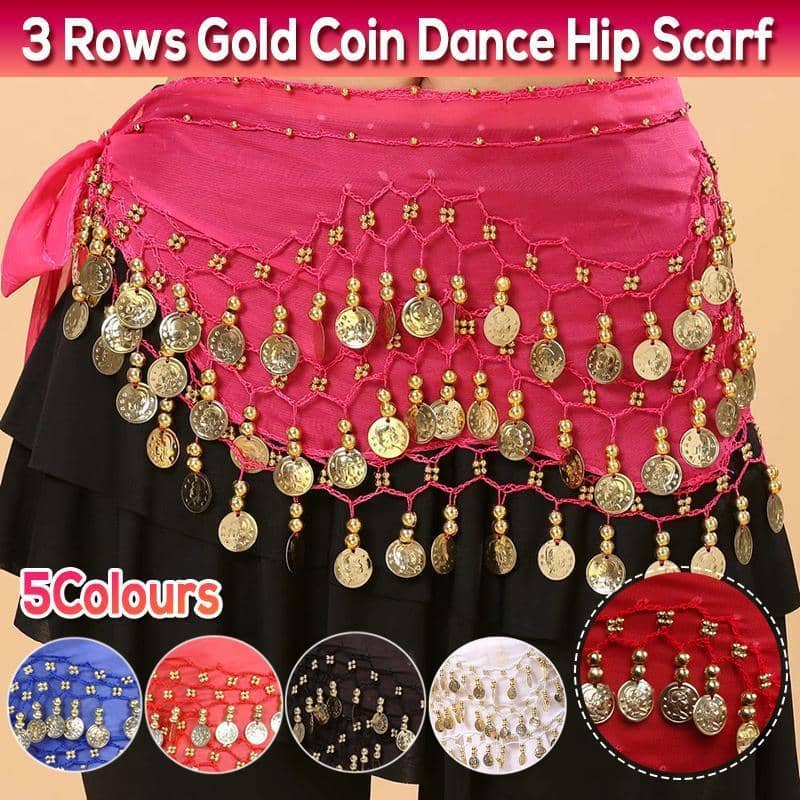 3-Row Belly Dance Hip Scarf with 98 Gold-Tone Coins - Hot Pink - view 2