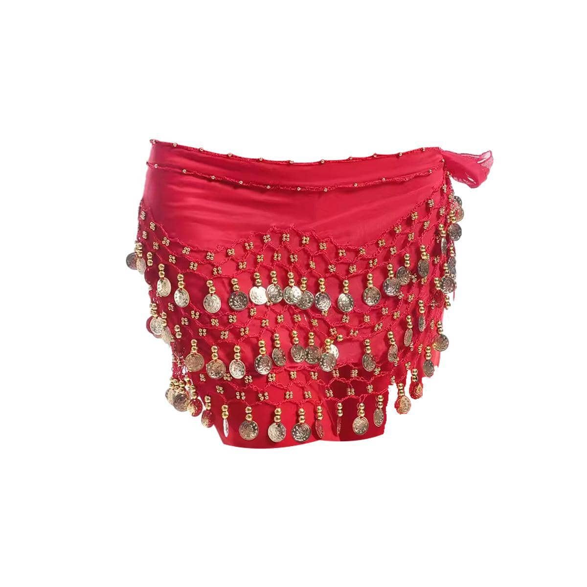3-Row Belly Dance Hip Scarf with 98 Gold-Tone Coins - Red