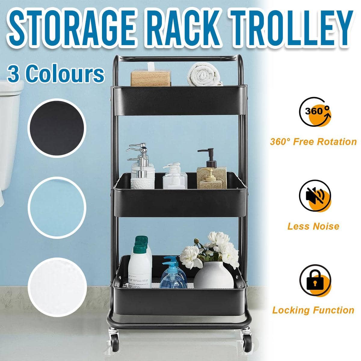 3 Tier Rolling Trolley Shelf Organiser with Wheels and Removable Trays - Blue - view 2