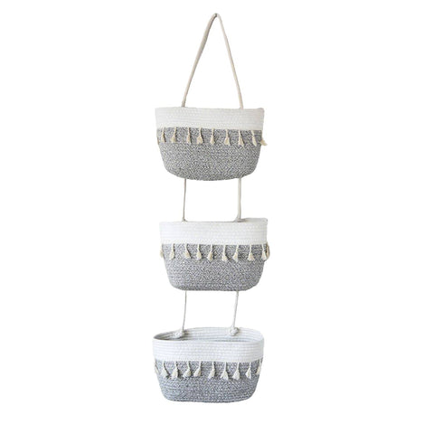 3 Tier Wall Mounted Hanging Basket Storage Organiser for Clutter - With Tassels