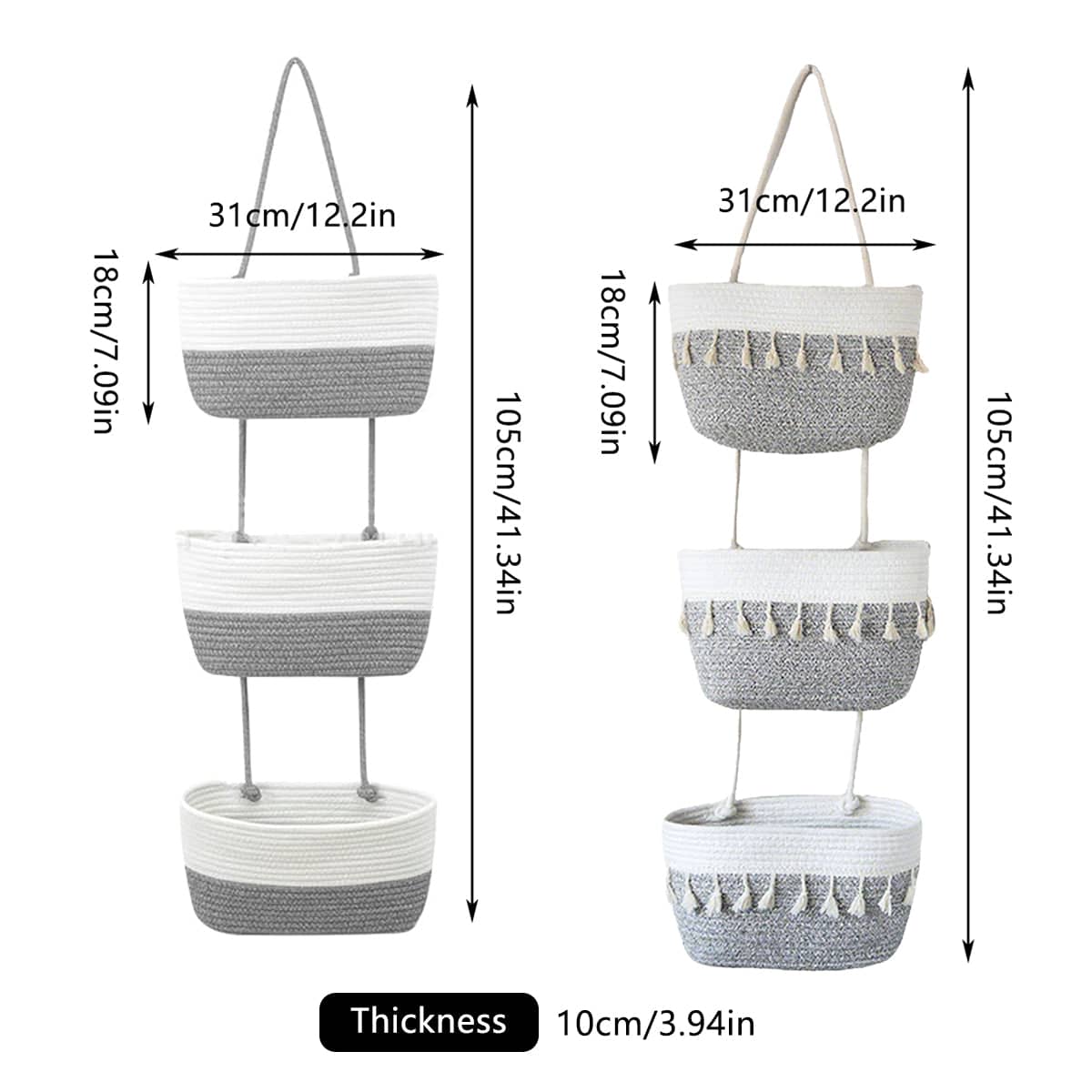 3 Tier Wall Mounted Hanging Basket Storage Organiser for Clutter - Without Tassels - view 4