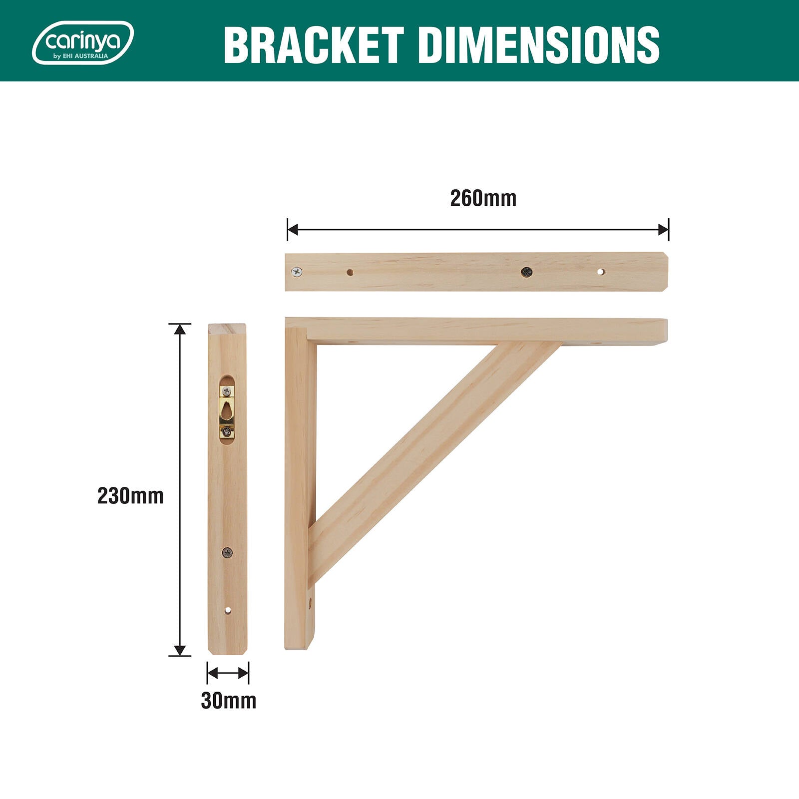 Carinya 260 x 230mm Raw Pine Stayed Bracket Wall Mount 20kg Capacity Indoor