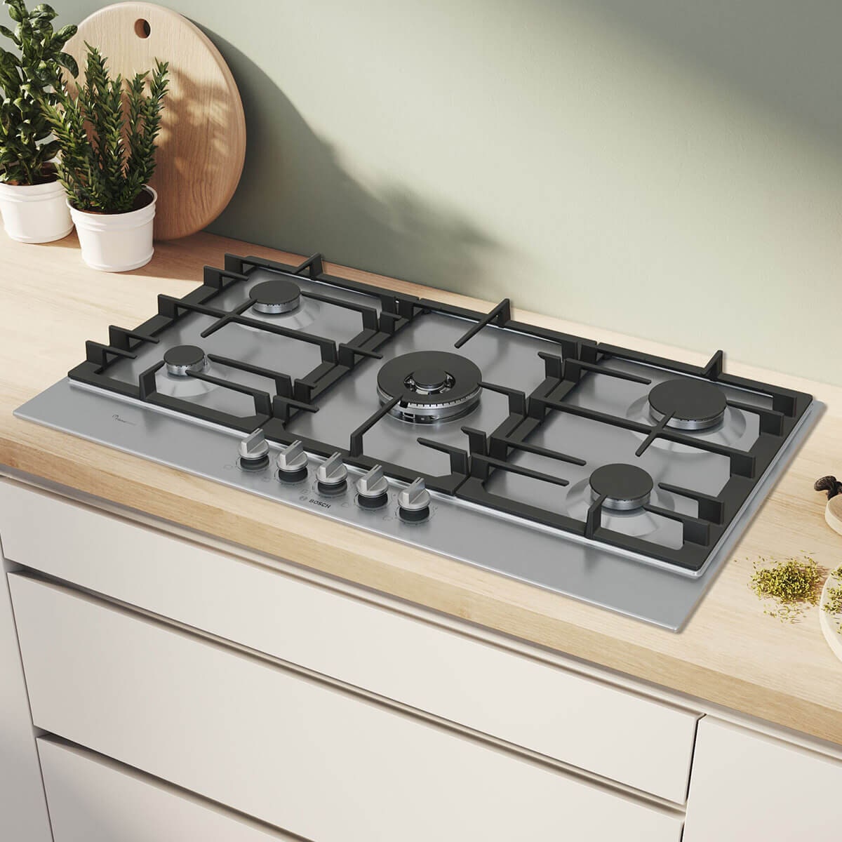 Bosch 90cm Series 6 Gas Cooktop - Five Burners, FlameSelect, Dual Flame Wok Burner - PCR9A5I90A