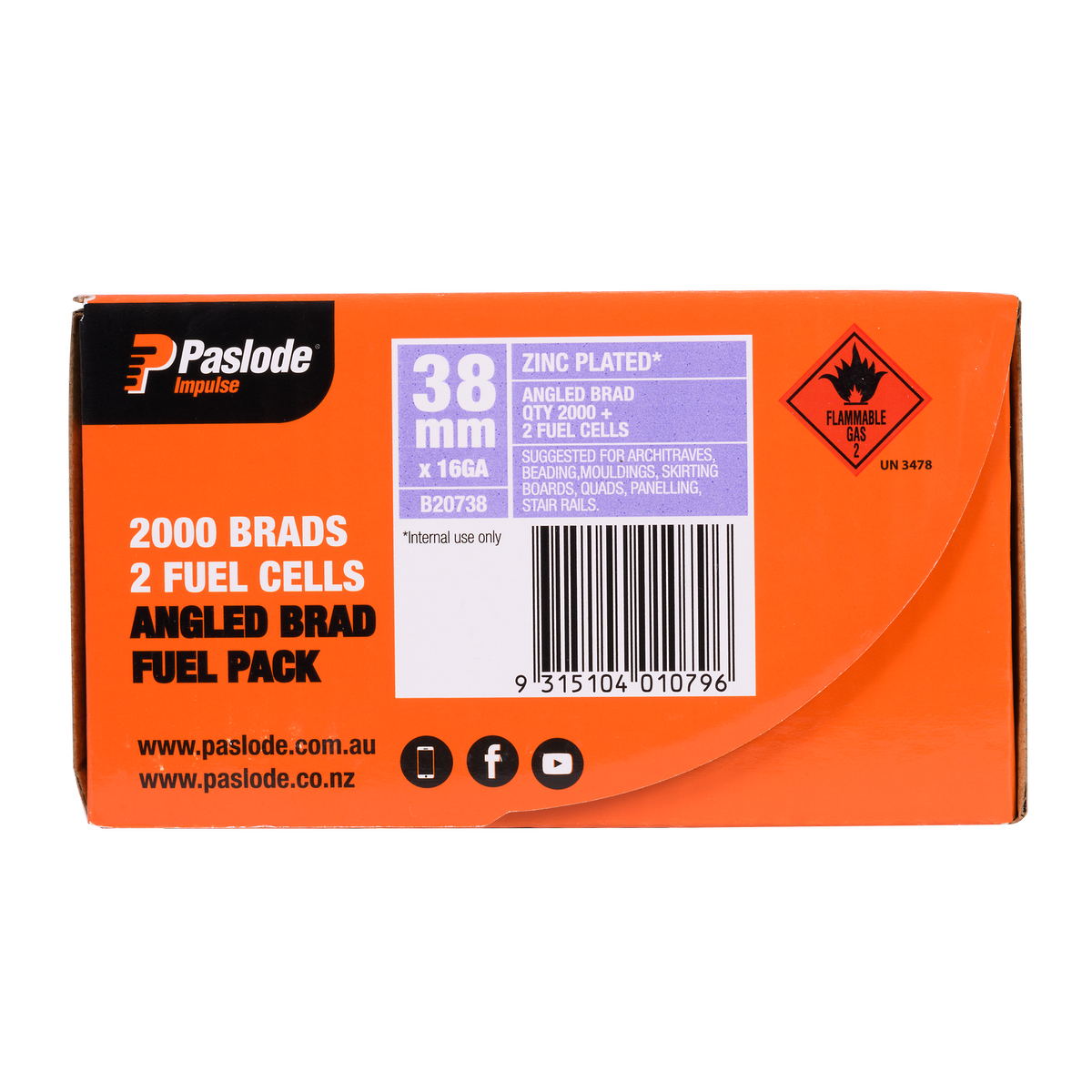 Paslode 38 x 1.6mm 16 Gauge Zinc Plated Angled Brad Nails with Fuel - 2000 Pack