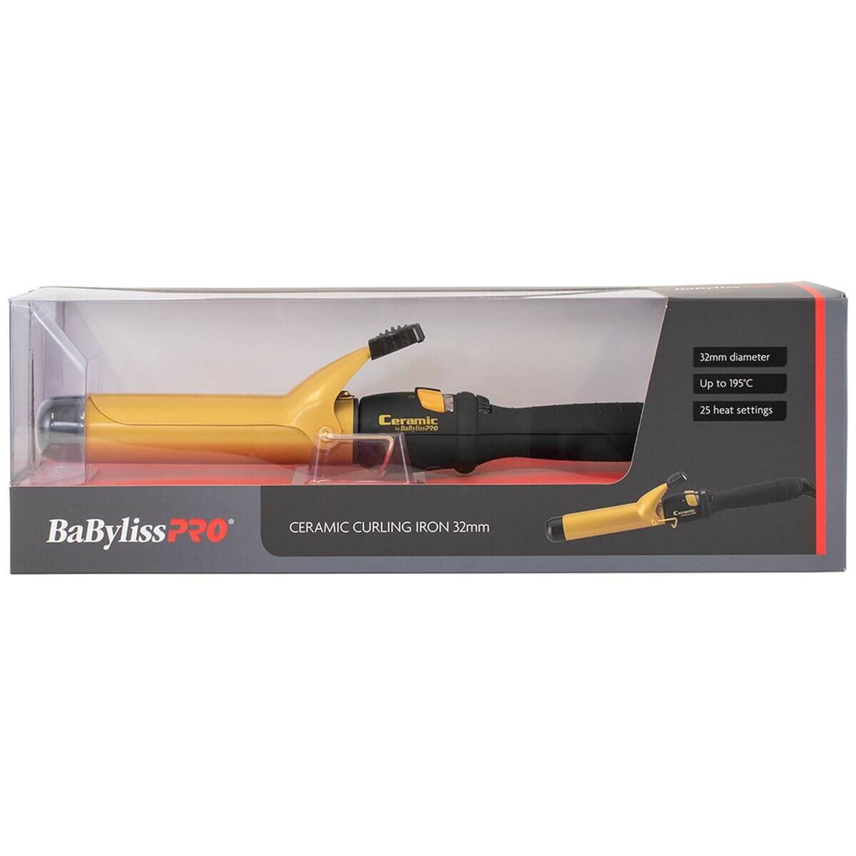 BaBylissPRO 32mm ceramic curling iron - black and gold, heat selection dial, safety cool tip - 900780